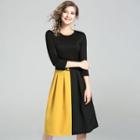 Color Block 3/4-sleeve A-line Dress With Belt