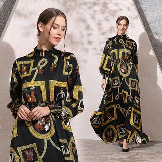 Print Long-sleeve Maxi A-line Dress