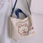 Bear Embroidered Faux Shearling Tote Bag