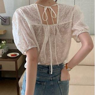 Short-sleeve Heart Pattern Blouse White - One Size