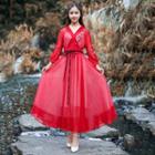 Set: Slipdress + Long-sleeve Traditional Chinese A-line Dress