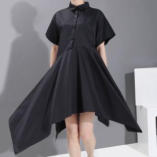Short-sleeve Irregular Hem Polo Dress Black - One Size