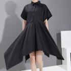 Short-sleeve Irregular Hem Polo Dress Black - One Size