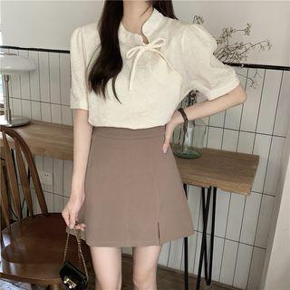 Mandarin Collar Blouse / Mini A-line Skirt