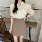 Mandarin Collar Blouse / Mini A-line Skirt