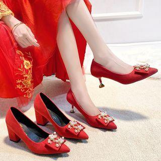 Pointed Faux Pearl Block Heel Pumps / Kitten Heel Pumps