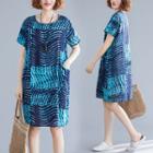 Retro Wavy Print Dress Blue - L