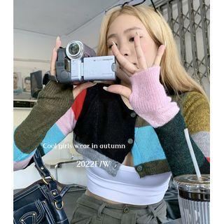 Color-block Cropped Cardigan Red & Blue & Black - One Size