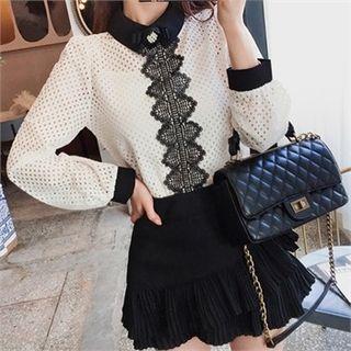 Lace-trim Perforated Blouse With Brooch