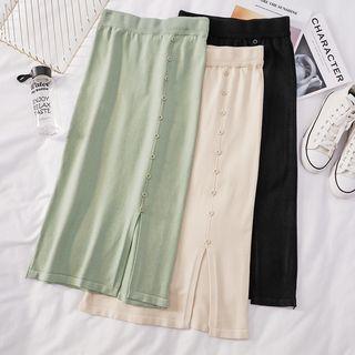 Button-trim Slit-front Midi Skirt