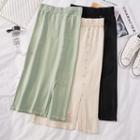 Button-trim Slit-front Midi Skirt