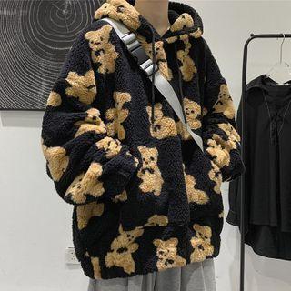 Bear Print Fluffy Hoodie