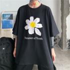 Flower Print Elbow-sleeve T-shirt Black - One Size