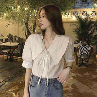 Peter Pan Collar Plain Lace-up Top White - One Size