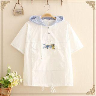 Striped Hood Cat Embroidered Short-sleeve Top White - One Size