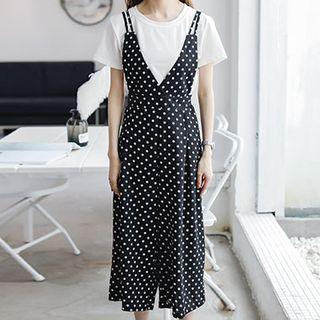 Set: Crew-neck Short-sleeve T-shirt + Dotted Cropped Wide-leg Jumper Pants