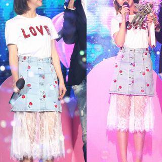 Short-sleeve T-shirt/lace Skirt/denim Skirt