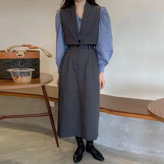Plain Shirt / Button-up Vest / Midi Skirt