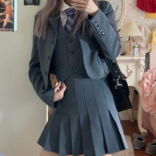 Blazer / Mini A-line Skirt / Vest / Tie Neck Shirt