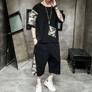 Set: Embroidered Elbow-sleeve T-shirt + Capri Wide Leg Pants
