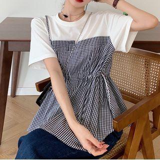 Mock Two-piece Short-sleeve Check Panel Peplum Top