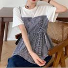 Mock Two-piece Short-sleeve Check Panel Peplum Top