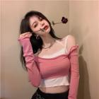 Long-sleeve Off-shoulder Crop Top / Lace Trim Cropped Camisole Top