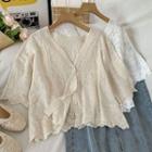 Elbow-sleeve Button-up Lace Top