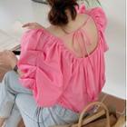 Lace-up Open-back Puff-sleeve Top