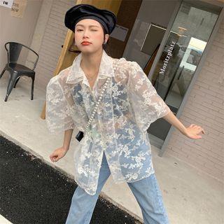 Puff Sleeve Embroidered Mesh Shirt Almond - One Size
