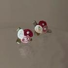 Rose Fabric Stud Earring 1 Pair - Silver Stud - White & Red & Pink - One Size