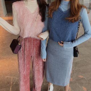 Long-sleeve Plain Top / Feather Accent Vest / High-waist Velvet Pants / High-waist Plaid Skirt