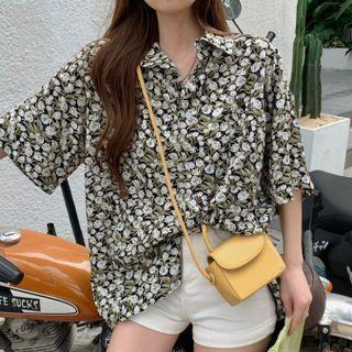 Elbow-sleeve Flower Print Shirt Flower - White - One Size