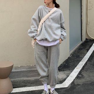 Set : Plain Fleece Sweatshirt + Oversize Gathered Cuff Pants