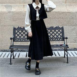 Mock Two-piece Long-sleeve Corduroy Midi A-line Dress