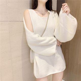 Set: Plain Sleeveless Knit Dress + Cardigan White - One Size