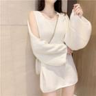 Set: Plain Sleeveless Knit Dress + Cardigan White - One Size