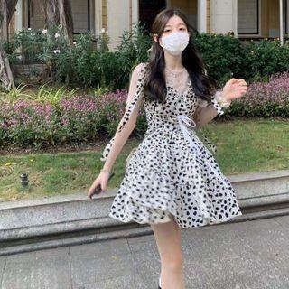 Short-sleeve Floral Print A-line Dress / Long-sleeve Lace Top