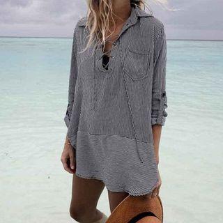 Striped Lace Up Blouse Gray - One Size