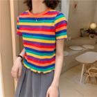 Short-sleeve Striped Ruffled Trim T-shirt