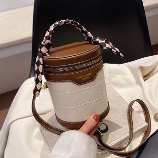 Two-tone Faux Leather Cylinder Bucket Crossbody Bag