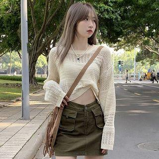 Pointelle Knit Cropped Sweater / Pocket Detail Mini Pencil Skirt