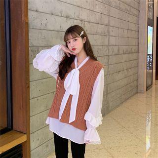Tie-neck Lace Trim Blouse White - One Size