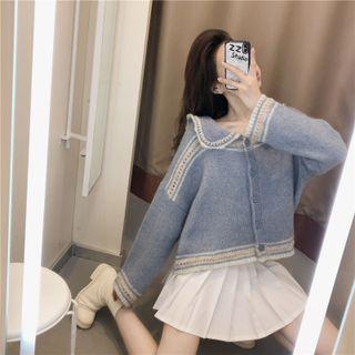 Collared Contrast Trim Cardigan Blue - One Size