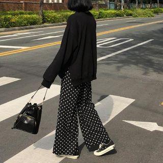 Plaid Slit-side Sweatshirt / Polka Dot Wide-leg Pants