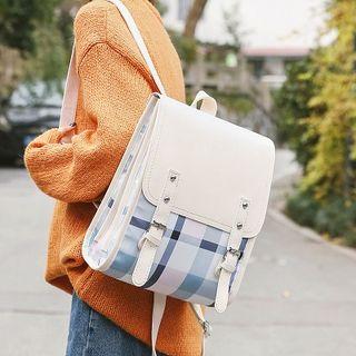 Nylon Plaid Panel Double Strap Buckle Backpack
