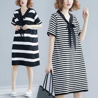 Striped Short-sleeve Bow T-shirt Dress