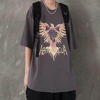 Elbow-sleeve Eagle Print T-shirt