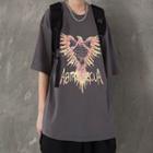 Elbow-sleeve Eagle Print T-shirt
