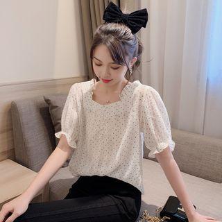 Dotted Bell-sleeve Blouse Beige - One Size